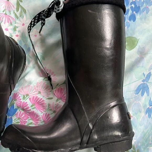 Bogs Alex Solid Black Boots Fleece Lined Ribbon Accent - Picture 6 of 14